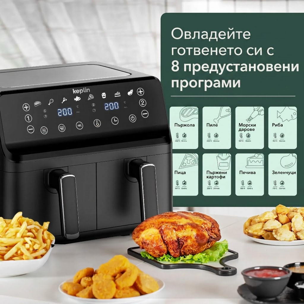 Двузонов фритюрник с горещ въздух Keplin – енергоспестяващ уред за готвене с 6 функции – изключително голям капацитет за здравословни ястия – печене, запичане, сушене, хрупкава коричка – семеен размер (9 / 9,5 л). - Bild 2