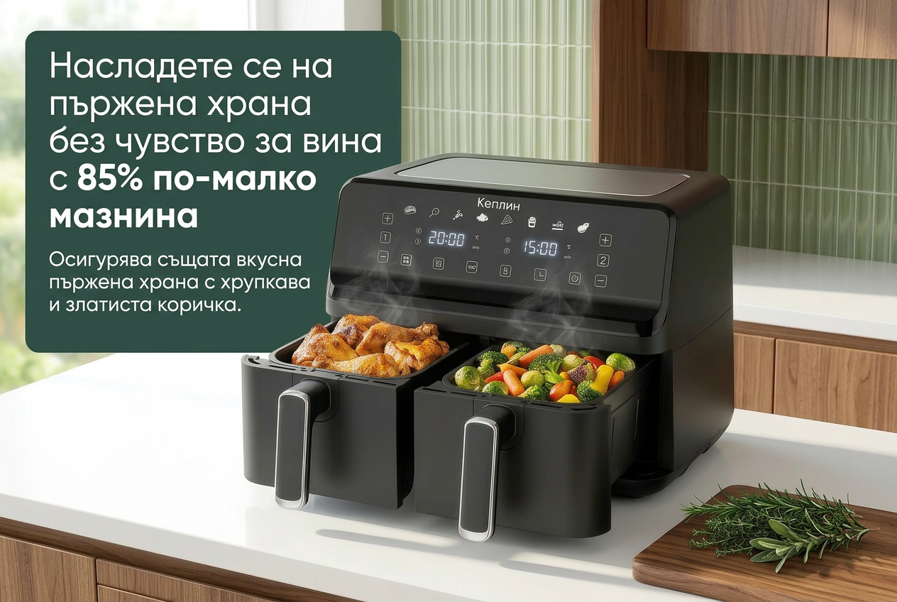Двузонов фритюрник с горещ въздух Keplin – енергоспестяващ уред за готвене с 6 функции – изключително голям капацитет за здравословни ястия – печене, запичане, сушене, хрупкава коричка – семеен размер (9 / 9,5 л). - Bild 4